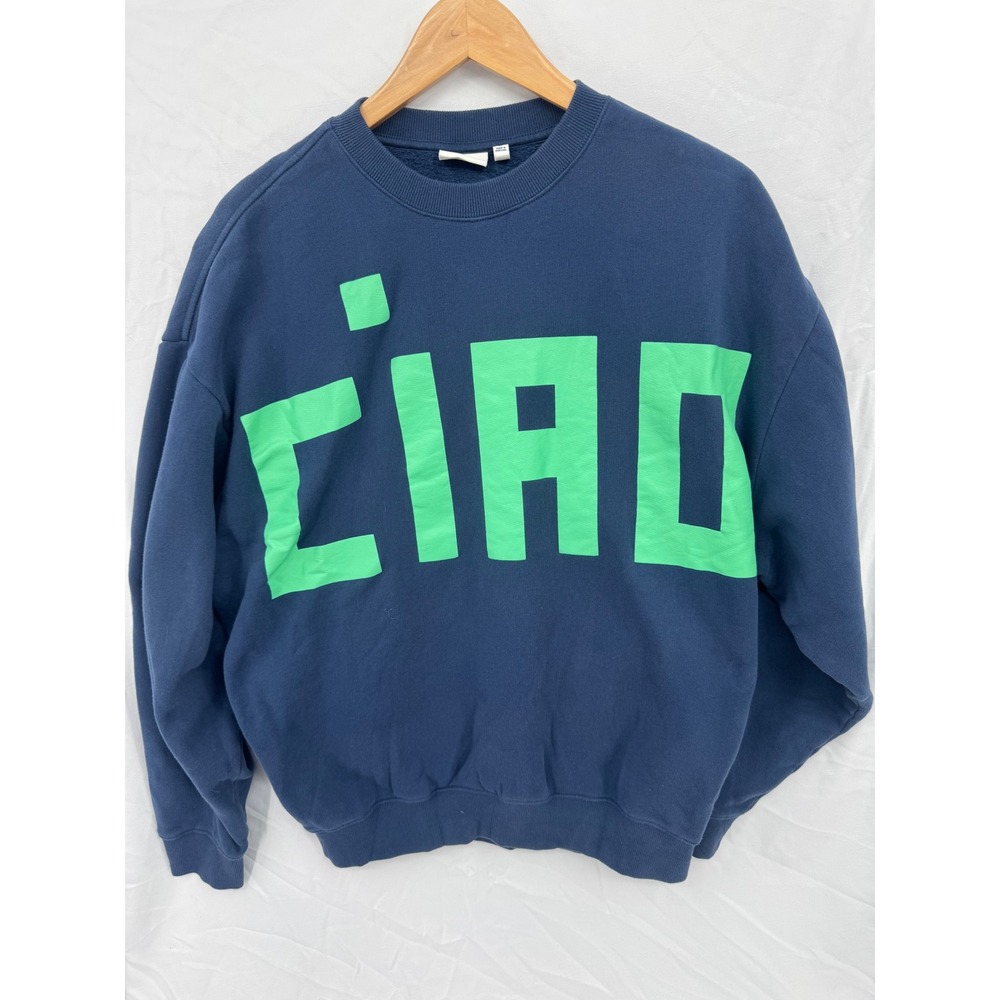 Clare V Sweatshirt Women Medium Blue Ciao Graphic Cotton Pullover